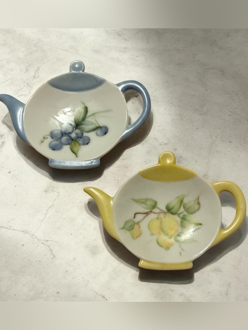 Vintage Blue and Yellow Floral Teapot-Shaped Teabag plates/Spoon Rests- Set of 2